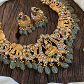 Precious Jadau Kundan Short Neckpiece-White Green-Pastel Green Beads -J1676